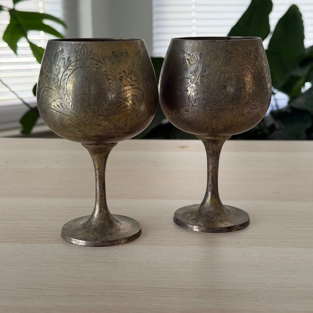 Vintage EPNS 925 Silver Plated Goblets Set of 2 Floral Etched Chalice Barware